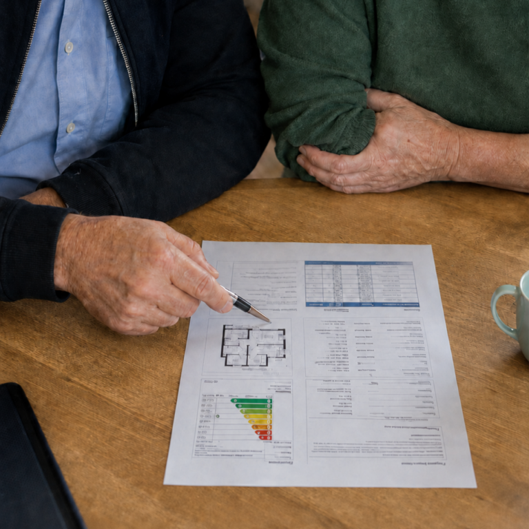 Deux personnes consultent un rapport de diagnostic immobilier et le plan d’un logement.